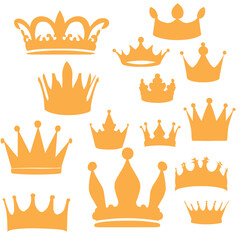 Vector illustration. Crown silhouettes. Big set of royal golden crowns.