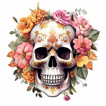 Sugar Skull with Flowers Clipart