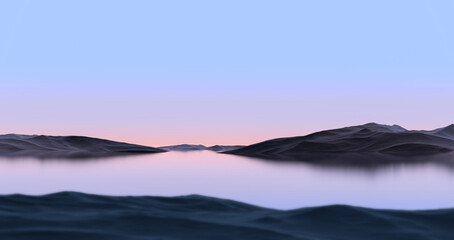 Islands landscape. Sky and water. Abstract landscape of mountainous landforms and water at sunset or sunset. 3D render.
