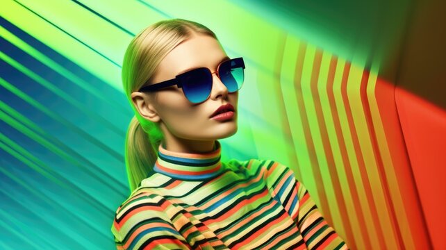 Fototapeta Young female model posing with trendy fashion outfit and colorful green optical art abstract background. Picturesque generative AI