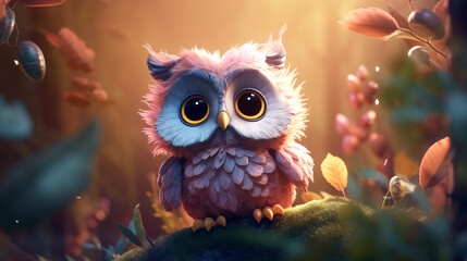 A cute adorable baby owl rendered in the style of child friendly cartoon animation fantasy style background of lush forest with Generative AI