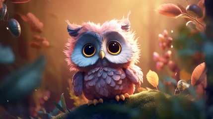 Fototapeten A cute adorable baby owl rendered in the style of child friendly cartoon animation fantasy style background of lush forest with Generative AI © Pal