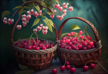Fototapeta na wymiar Cherries in baskets near cherry tree. AI Generated