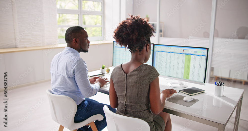 Poster analyst employee working on spreadsheet