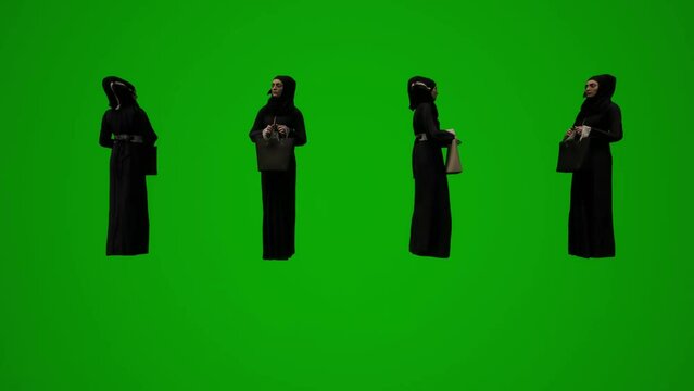3d group of different uae and persian gulf muslim women on green screen background talking on mobile phone and friends  