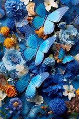 Background of Blue Butterflies and Flowers. generative ai