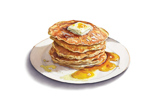 watercolor painting of pancakes on a plate with butter and honey
