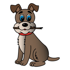 Funny Dog Holds a Stick. Vector Illustration of Cartoon Cute Puppy