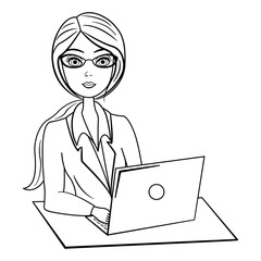 Business Woman with Laptop for Coloring Page. Office Worker in Suit and Glasses. Flat vector illustration