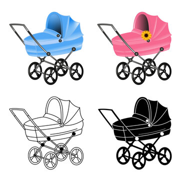 Baby Stroller Set. Vector Illustration of Strollers for Newborn Boys and Girls.
