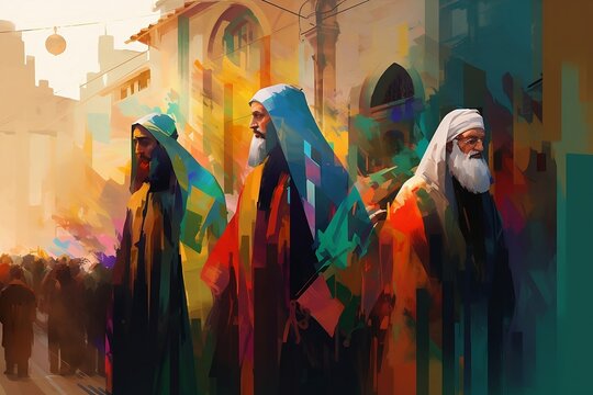 Discover captivating abstract art inspired by the streets of Jerusalem featuring colorful paintings of Pharisees. Immerse yourself in Christian illustrations from the New Testament, created using gene