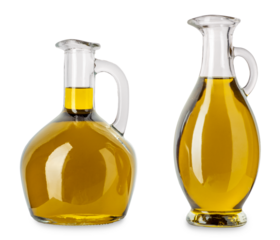 Extra virgin olive oil in glass cruet and in egyptian-style glass cruet isolated