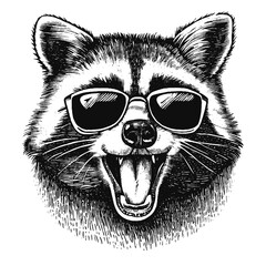 happy raccoon wearing sunglasses, funny vector sketch - obrazy, fototapety, plakaty