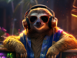 Music dj sloth with sunglasses and headphones - Colorful neon background - Generative AI - obrazy, fototapety, plakaty