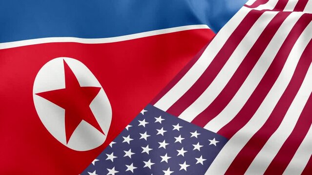 North Korea and United States flags together. Seamless looping waving animation