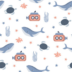 Vector seamless pattern with whale, submarine, turtle, starfish, algae.Underwater cartoon creatures.Marine background.Cute ocean pattern for fabric, childrens clothing,textiles,wrapping paper