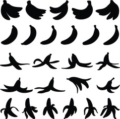 Set of 25 Banana, Peeled Banana, Banana Peel Vector Silhouette Illustrations