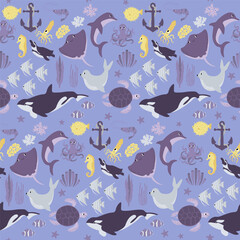 Vector seamless pattern with devil fish,orca,turtle,octopus,shrimp,seahorse,squid,penguin,seal.Underwater cartoon creatures.Cute ocean pattern for fabric, childrens clothing,textiles,wrapping paper