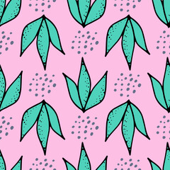 Seamless pattern with blueberries and leaves in doodle style on a pink background. Berry texture for packing jam, juice from blueberries, blackberries, currants