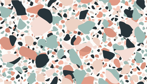 Terrazzo flooring seamless pattern collection in traditional gray, white, black marble rocks. Colorful interior granite material background bundle of mosaic stone
