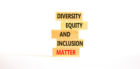 DEI Diversity equity inclusion matter symbol. Concept words DEI diversity equity and inclusion matter on wooden block. Beautiful white background. Business diversity equity inclusion matter concept.