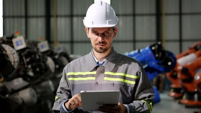4k video of male engineer wearing safety uniform standing working using tablet Online information to monitor machine operation, check maintenance plan to make a machine work efficiently and safety.
