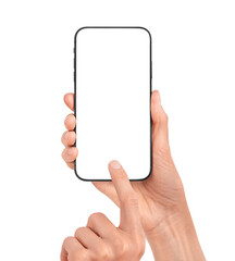 Hand holds smartphone mockup. Mobile phone template with blank screen. Cell phone device isolated on white or transparent background.