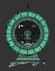 Fantastic colorful time travel machine pattern. Decorative sci fi time machine future cyberpunk style. Bright neon color, isolated on dark background.