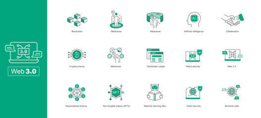 Fototapeta na wymiar Web 3.0 Icon Set: A Visual Guide to the Future of the Internet - Next-generation web icons - Futuristic web icons. Editable Stroke Vector Line Icons.