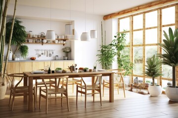 natural kitchen and dining table with bamboo plant