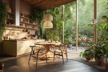 Fototapeta premium natural kitchen and dining table with bamboo plant