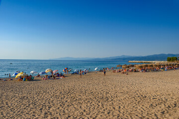 Fototapeta na wymiar The Idyllic beach of Kyparissia towards the Ionian sea. Kyparissia is a lively coastal town located in Messenia, Peloponnese, Greece