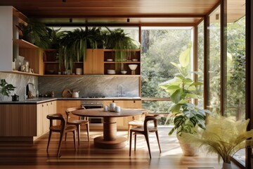 natural kitchen and dining table with bamboo plant