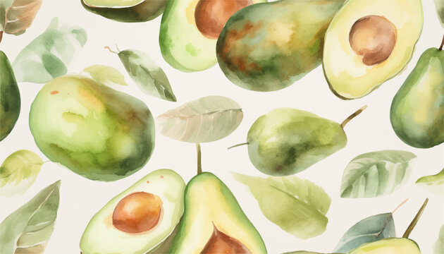 Watercolo illustration of avocado fruit seamless pattern. Whole fruit and half diagonally