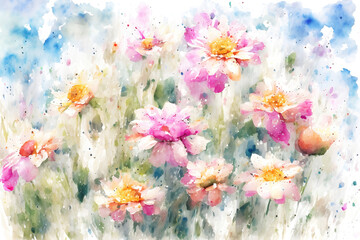 Watercolors flowers background, abstract flowers made from watercolor paint splashes