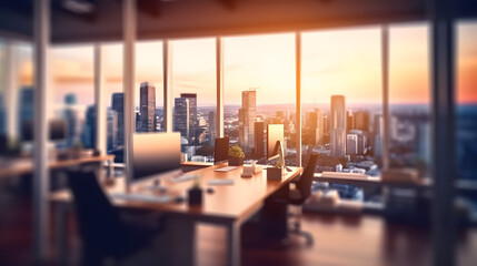 Fototapeta premium Blurred office workspace in the evening , interior workplace with cityscape for business presentation background, generated