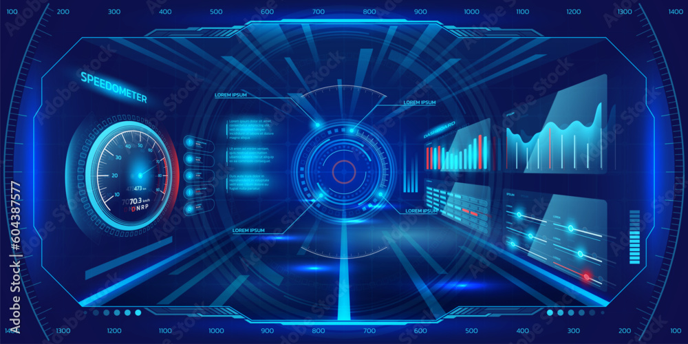 Poster Car tech. Futuristic HUD game screen. Military dashboard and interface technology. Digital space. Speedometer and infographic panels. Automobile viewfinder. Vector cyberpunk background