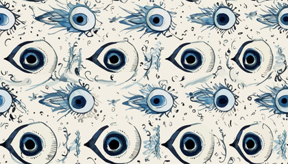 Watercolor greek evil eye pattern on a really light cream background. Different shapes. Flat design. Free hand drawing style. Contemporary modern trendy vector illustrations