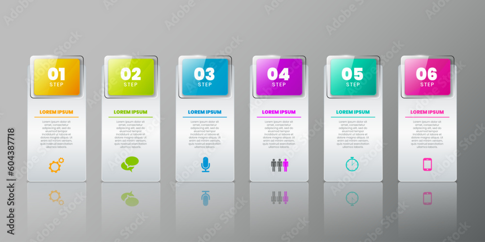 Aufkleber Infograph steps. Business diagram. Flowchart of process. 6 graph options. Six sequence numbers. Workflow chart templates. Strategy timeline. Plan infographic. Vector design background