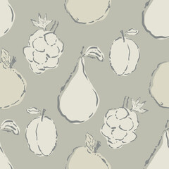 Neutral mid-century modern style apples, pears, plums, berries. Seamless vector pattern background. Pastel beige orchard fruit. Hand-drawn inky blot outlines with ecru color fill. For gender neutral