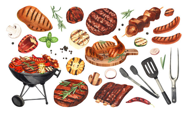 Watercolor Barbecue Elements Set. Collection Of Equipment For Cooking Bbq - Grill, Brazier, Sausages, Fish, Vegetable And Meat. Hand-drawn Illustration Isolated On White Background. Perfect For Menu