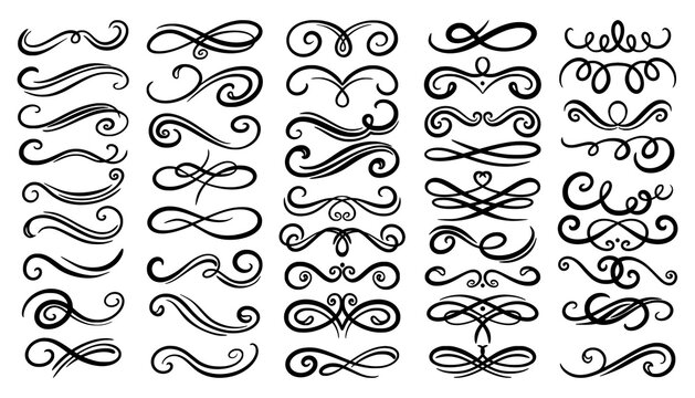 Swirl border set, ornament design collection. Filigree line flourish for calligraphy or ornate logo, medieval baroque isolated elements, elegant frames. Cards or posters vector retro decor