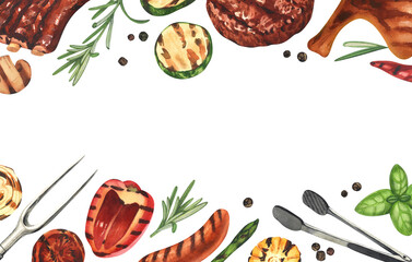 Watercolor frame barbecue. Elements for cooking bbq - grill, chicken and meat. Hand-drawn illustration isolated on white background. Perfect concept food menu, food drawing, design packing, barbecue