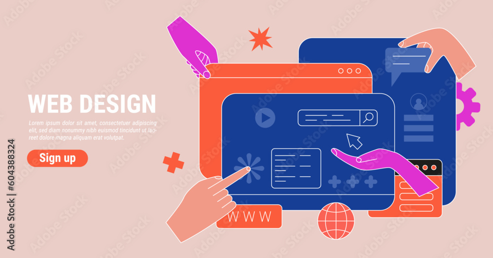 Fototapete Web design agency. UX UI website redesign. Build of app page. Creative application content. Landing creation. Browser window engineering concept. Minimal hands. Vector internet banner
