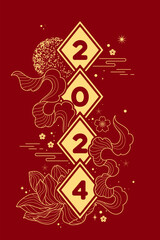 Happy chinese new year 2024 symbols with flower, lotus, moon and gold asian elements on red color background. Year of the dragon banner