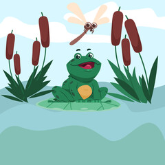 Frog sits on lake in reeds, dragonfly flying. Wild amphibian catching insects, croaking cute aquatic animal, amphibious in nature, bullfrog on river vector cartoon flat isolated illustration