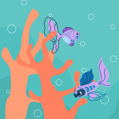 Cartoon fish swimming in coral reef. Underwater tropical inhabitants, marine fauna. Sea cute animals. Aquarium decor. Undersea or fishbowl goldfish creature. Vector isolated illustration