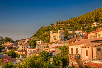 Fototapeta na wymiar Sunset view over the picturesque coastal town of Kyparissia located in northwestern Messenia, Trifylia, Peloponnese, Greece.
