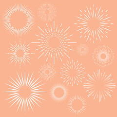 Firework set. White line circles decorative radial frames for posters banners and cards decor, isolated starburst elements collection. Explosion or light flash, stars icons, vector illustration