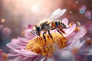 Close up of Honey Bee on Pink Flower. Generative ai
